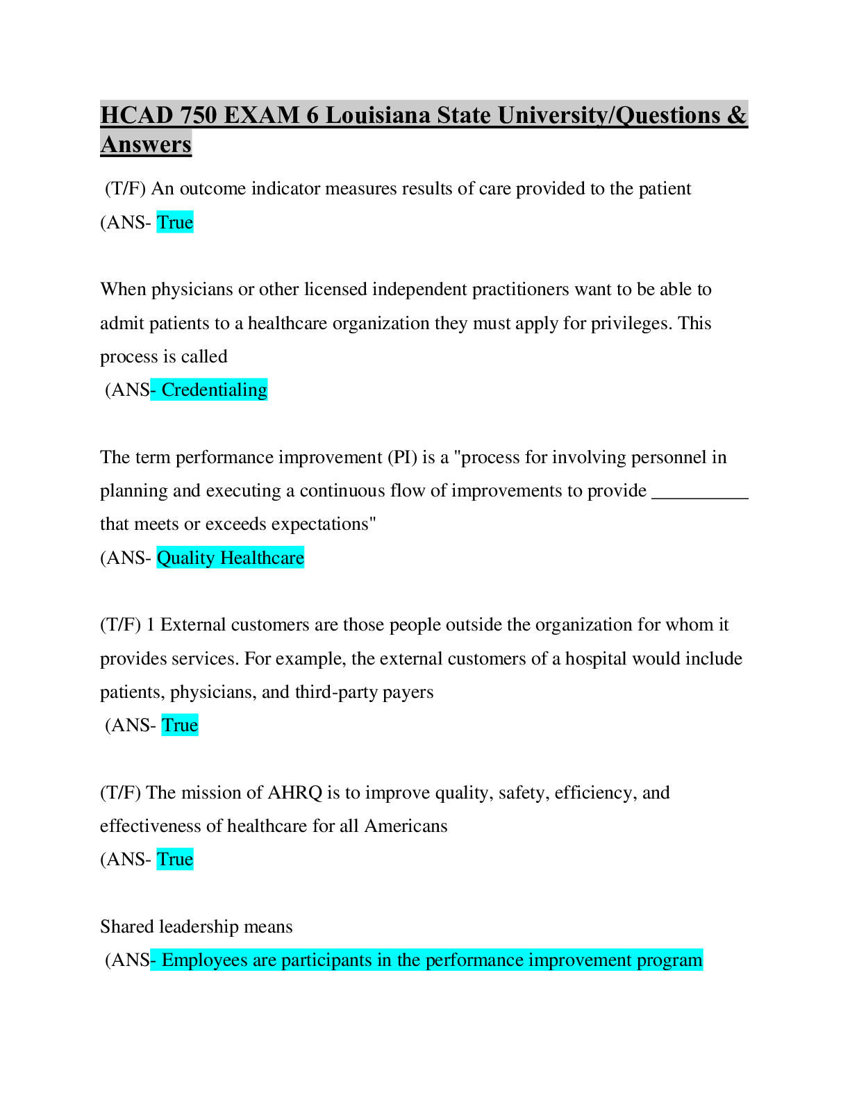 Preview of HCAD 750 EXAM 6 Louisiana State University/Questions & Answers